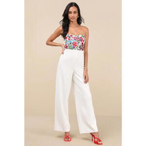 Lulus Remarkable Energy White Floral Embroidered Strapless Jumpsuit Size L NWT